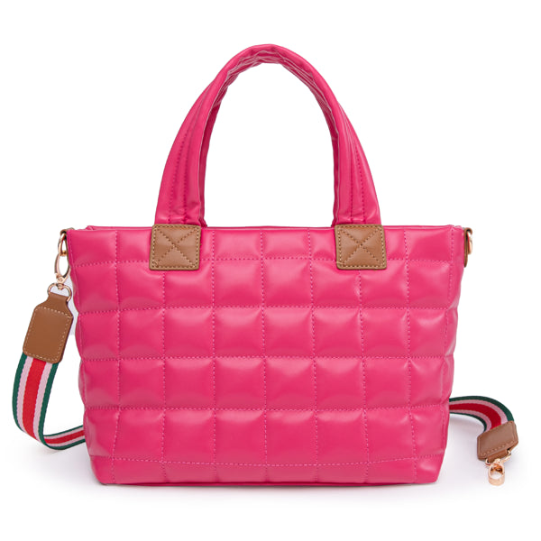 Rose-colored quilted puffer tote bag with top handles, brown accents, and a striped detachable crossbody strap.