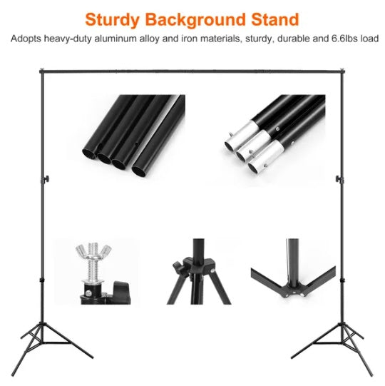 Black adjustable aluminum studio backdrop stand set with tripod base, metal poles, and locking adjustment knobs.