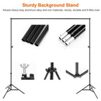 Black adjustable aluminum studio backdrop stand set with tripod base, metal poles, and locking adjustment knobs.
