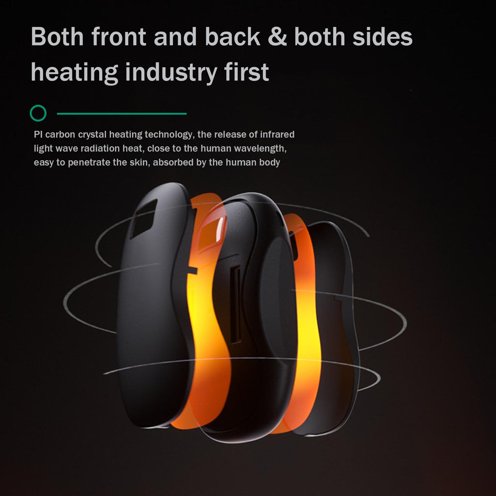 Black electric hand warmer with orange heat layers showing front, back, and side heating technology.