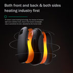 Black electric hand warmer with orange heat layers showing front, back, and side heating technology.