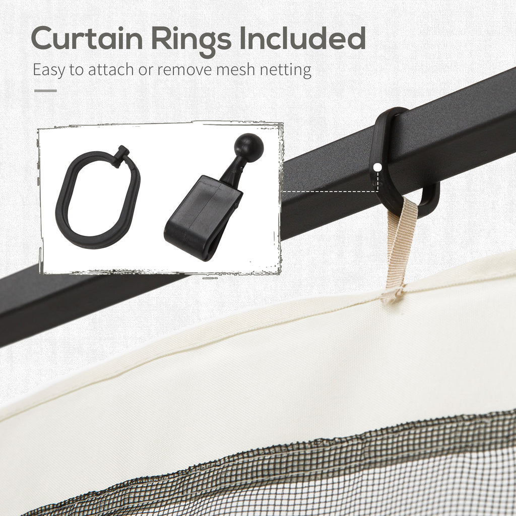 Black curtain rings attaching beige and black polyester gazebo netting to a black metal frame.