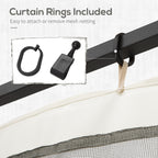 Black curtain rings attaching beige and black polyester gazebo netting to a black metal frame.