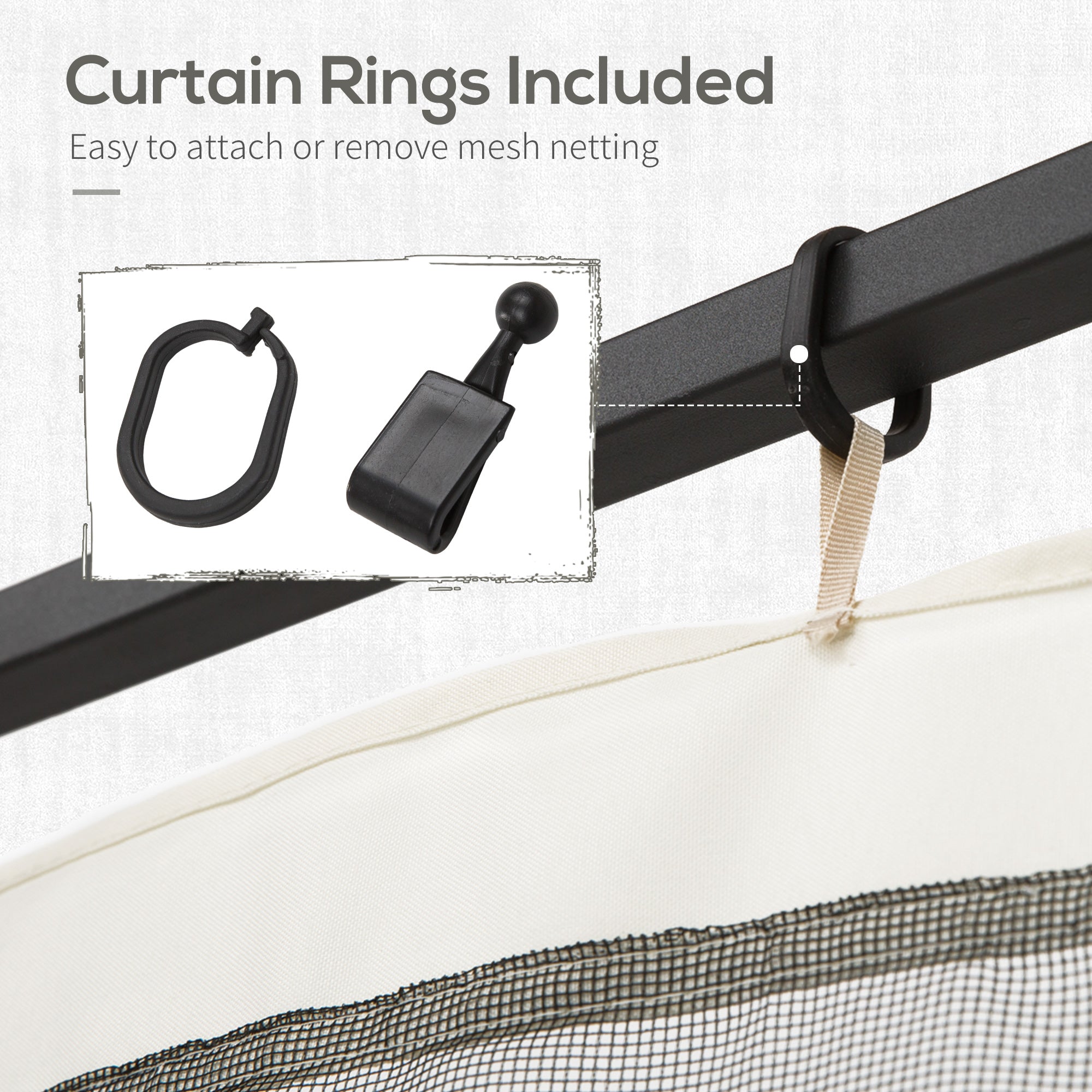 Black curtain rings attaching beige and black polyester gazebo netting to a black metal frame.