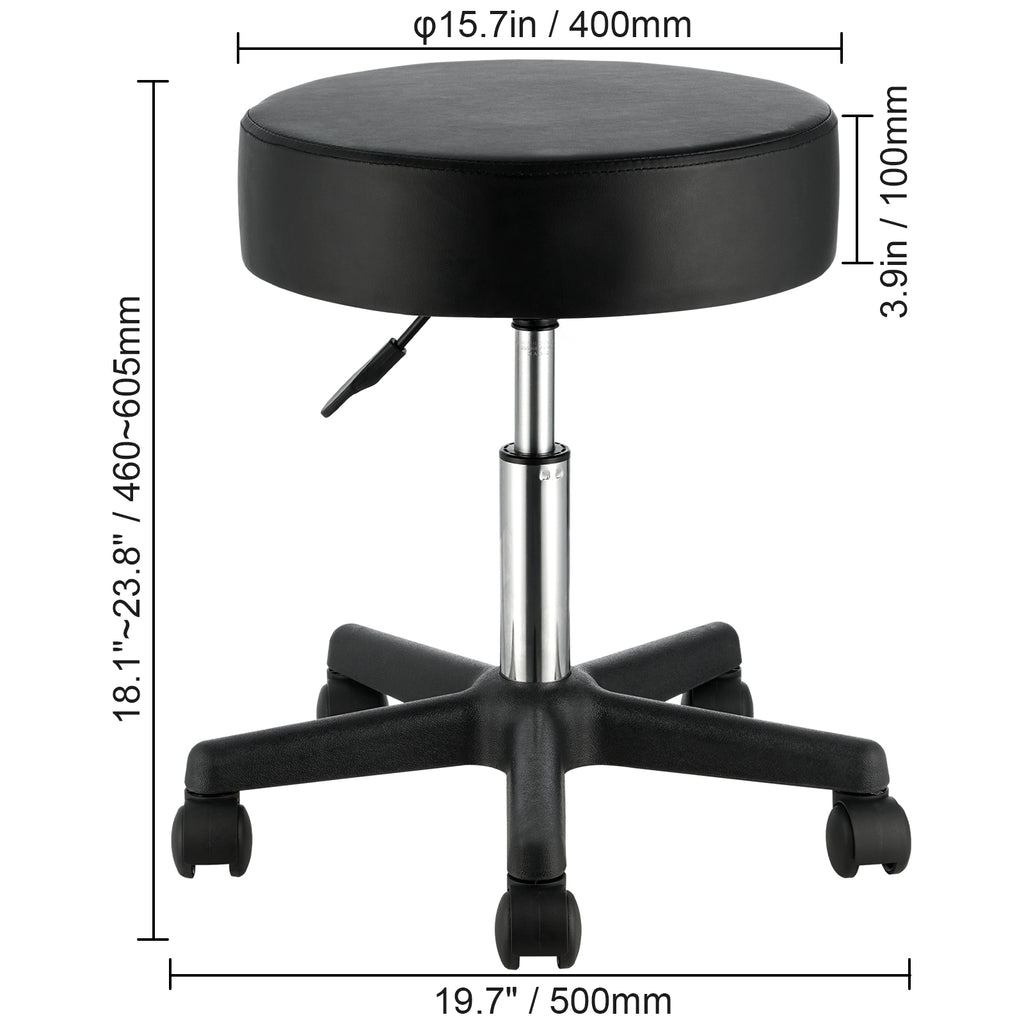 Black rolling stool with thick round cushion, adjustable chrome gas lift, and five-star base with wheels. Dimensions shown.