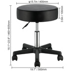 Black rolling stool with thick round cushion, adjustable chrome gas lift, and five-star base with wheels. Dimensions shown.