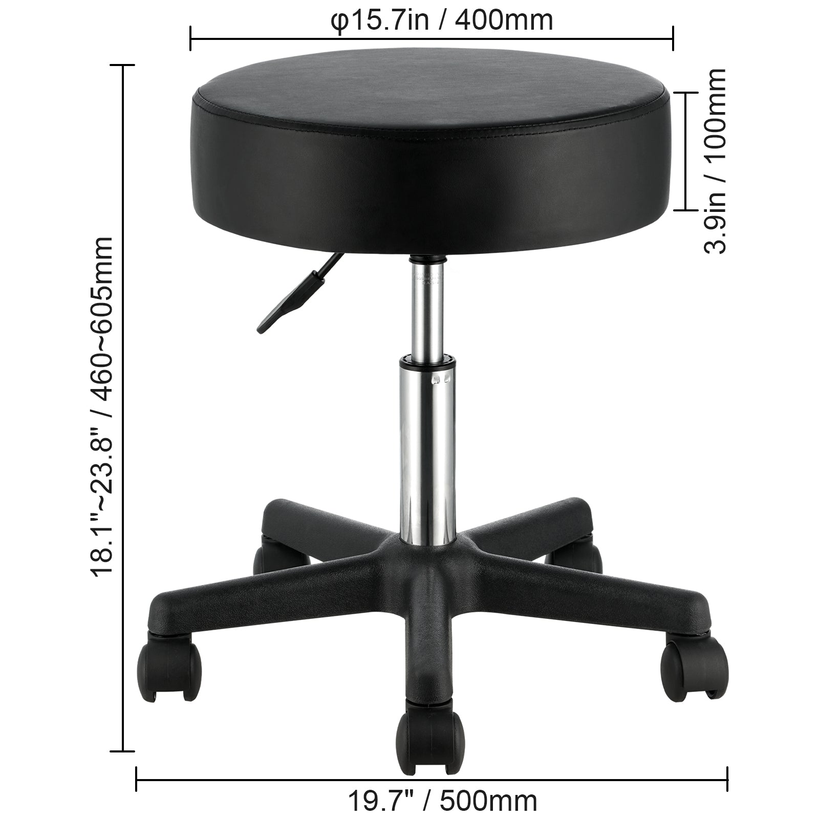 Black rolling stool with thick round cushion, adjustable chrome gas lift, and five-star base with wheels. Dimensions shown.