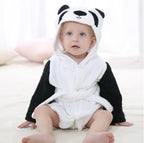 Baby wearing a soft, white-and-black panda-themed hooded cotton bathrobe with ears on the hood.