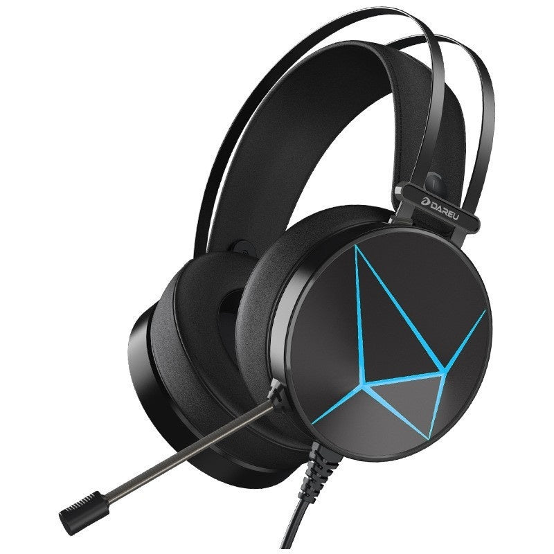 Black wired gaming headset by Dareu with cushioned headband, earcups featuring geometric blue light accents and a mic.