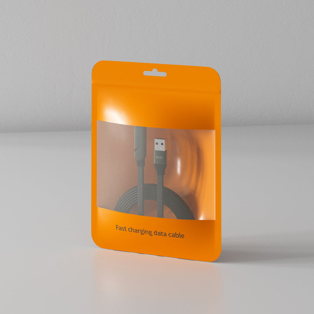 Black braided 65W fast charging cable in an orange plastic pouch with a clear window for viewing.