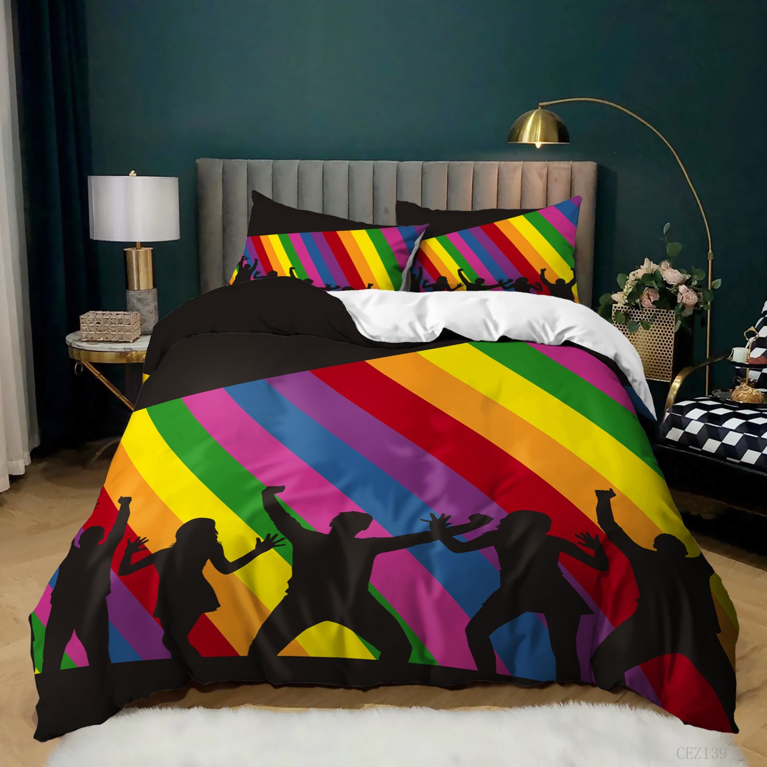 Three-piece bedding set featuring a 3D rainbow diagonal stripe pattern with black silhouettes of dancing people.