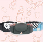 Three multifunctional baby stroller organizer bags in black, grey, and blue, featuring flaps and side bottle pockets.
