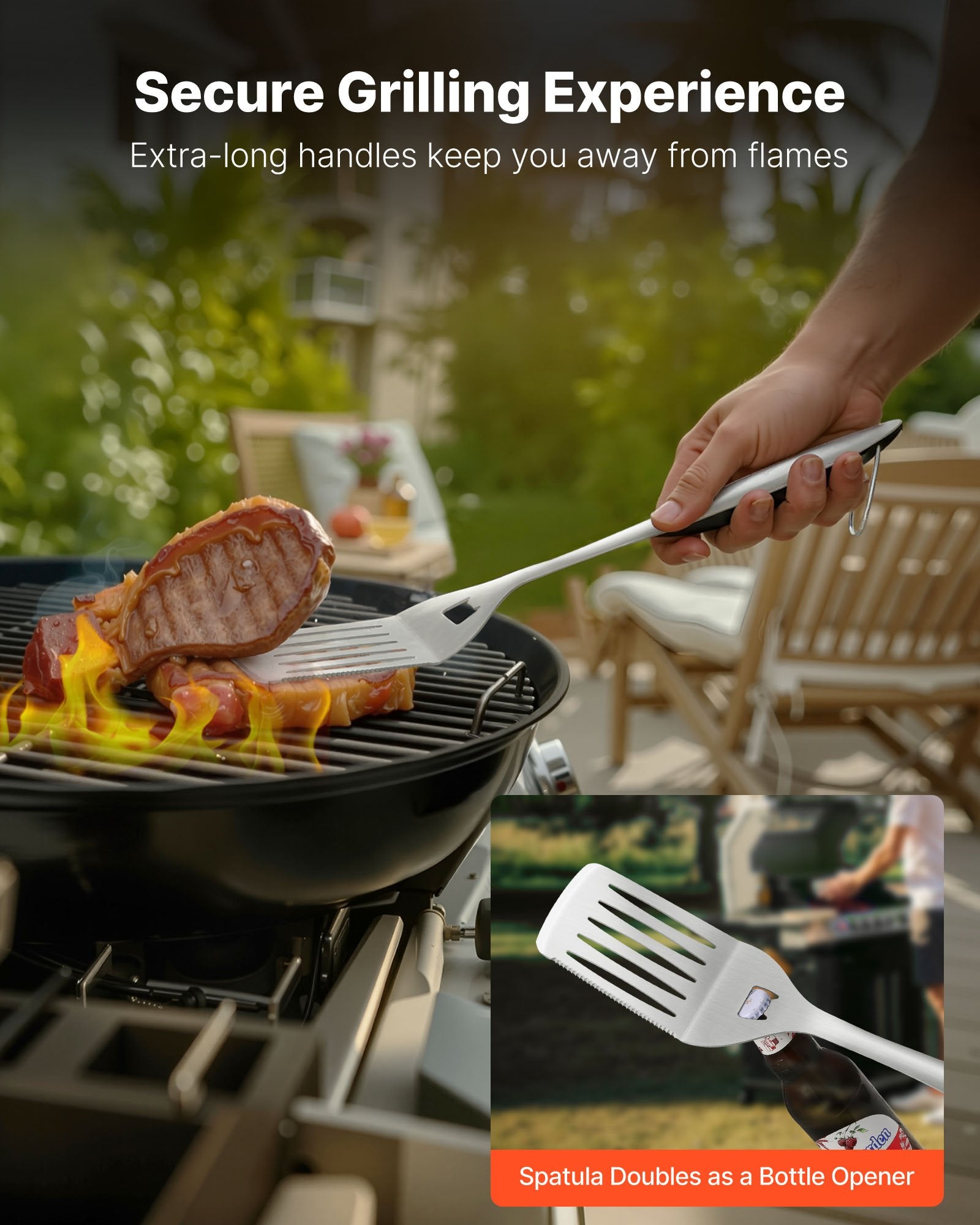 Stainless steel grilling spatula with a long handle and built-in bottle opener being used on a backyard grill.