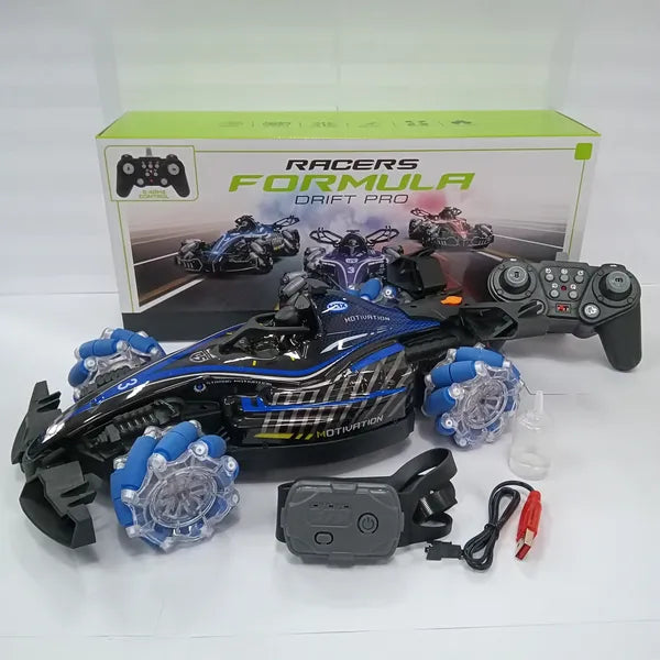 Blue and black remote control F1 drift car with light-up wheels, gesture sensor, controller, charger, and display box.