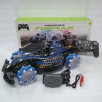 Blue and black remote control F1 drift car with light-up wheels, gesture sensor, controller, charger, and display box.