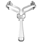 Silver foldable eyebrow stencil tool with adjustable hinges and a central handle, isolated on a plain white background.