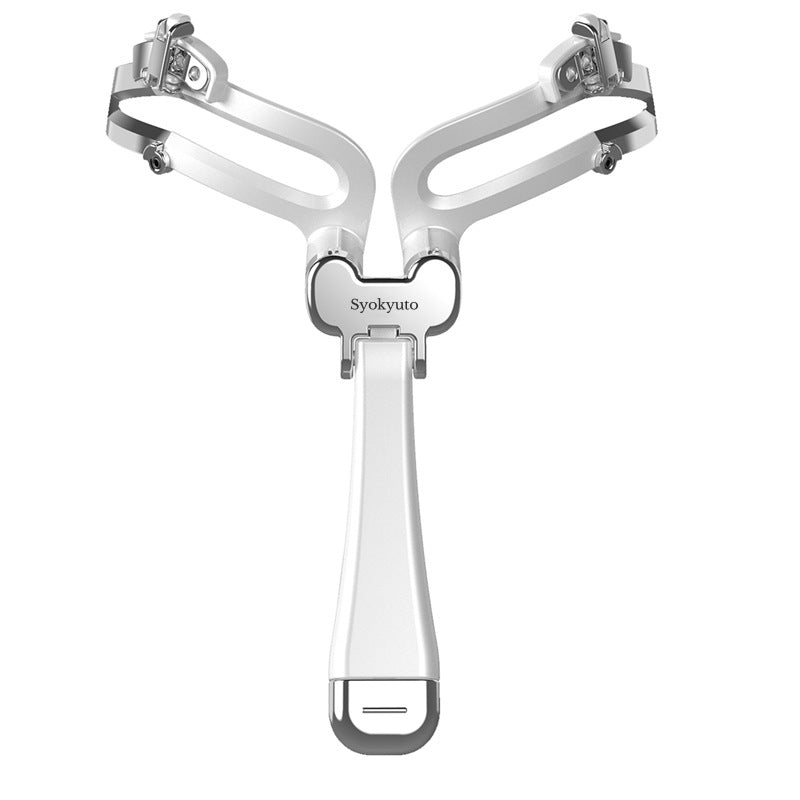 Silver foldable eyebrow stencil tool with adjustable hinges and a central handle, isolated on a plain white background.
