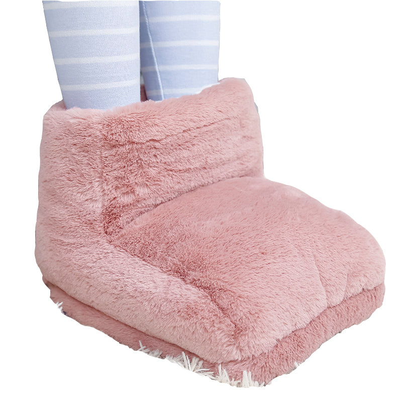 Plush dusty pink USB-rechargeable electric foot warmer with a soft, fuzzy texture and striped socks inside.