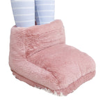 Plush dusty pink USB-rechargeable electric foot warmer with a soft, fuzzy texture and striped socks inside.