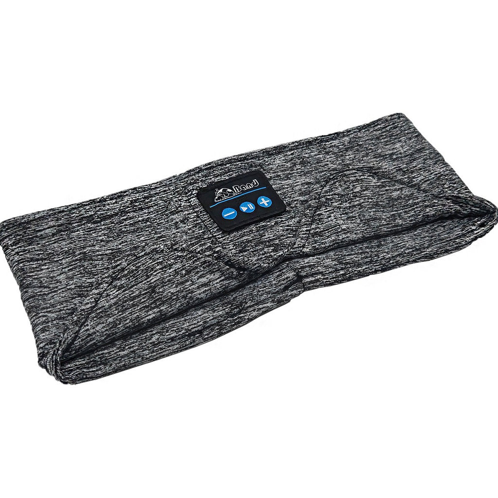 Grey heathered knit Bluetooth sleep headband with integrated control panel featuring playback and volume buttons.