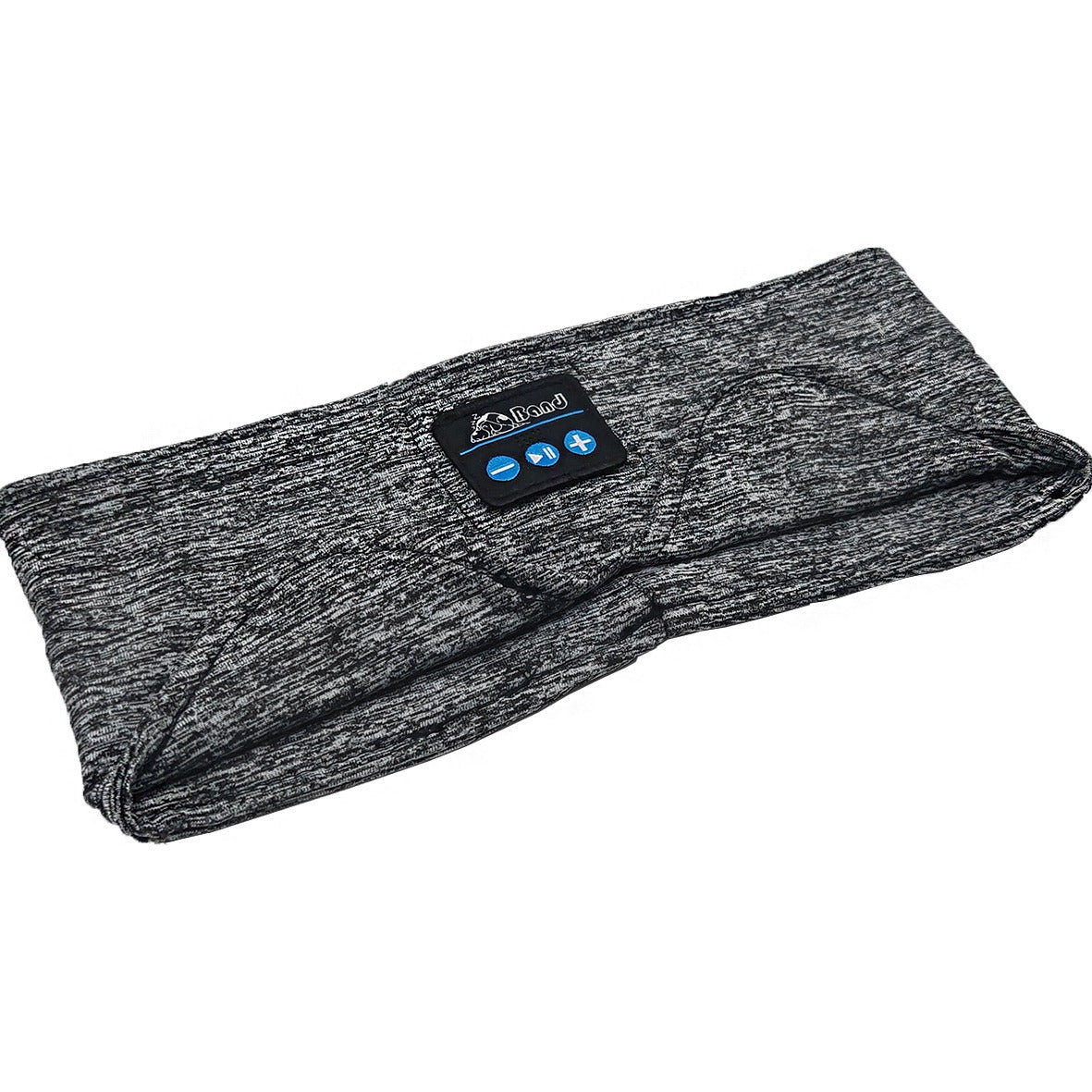 Grey heathered knit Bluetooth sleep headband with integrated control panel featuring playback and volume buttons.