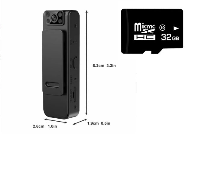 Black portable magnetic backclip camera with dimensions and a 32GB microSD card shown on white background.