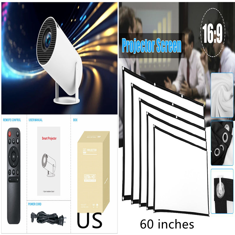 HY300 Pro white portable projector, remote, manual, power cord, and 60-inch 16:9 projection screen with metal grommets.