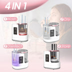 White and rose-gold electric makeup brush cleaner with digital display, performing wash, dry, UV disinfect, and storage.