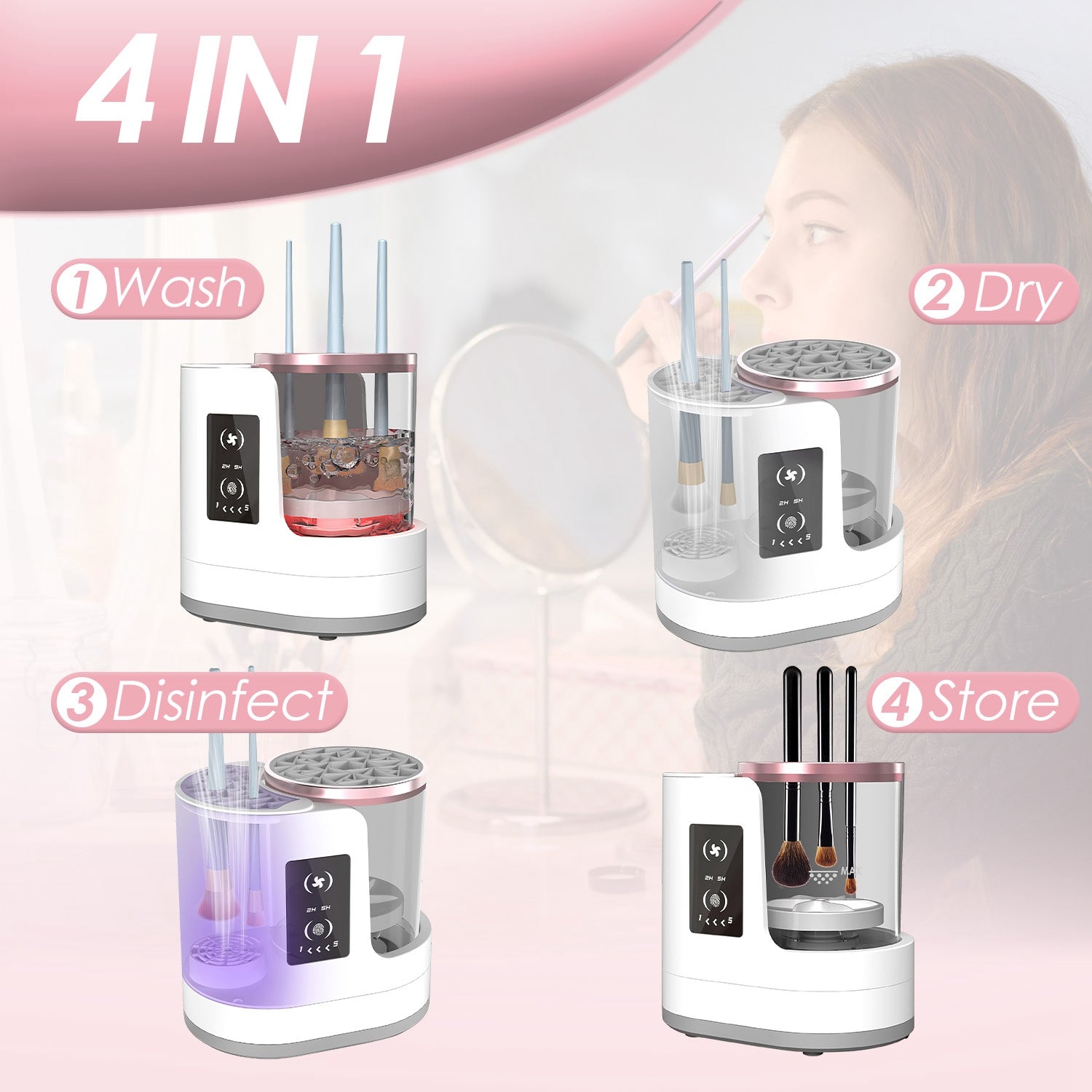 White and rose-gold electric makeup brush cleaner with digital display, performing wash, dry, UV disinfect, and storage.