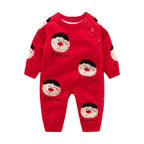 Red knit newborn baby romper featuring a cute cartoon boy print, side-button closure, and ribbed cuffs.
