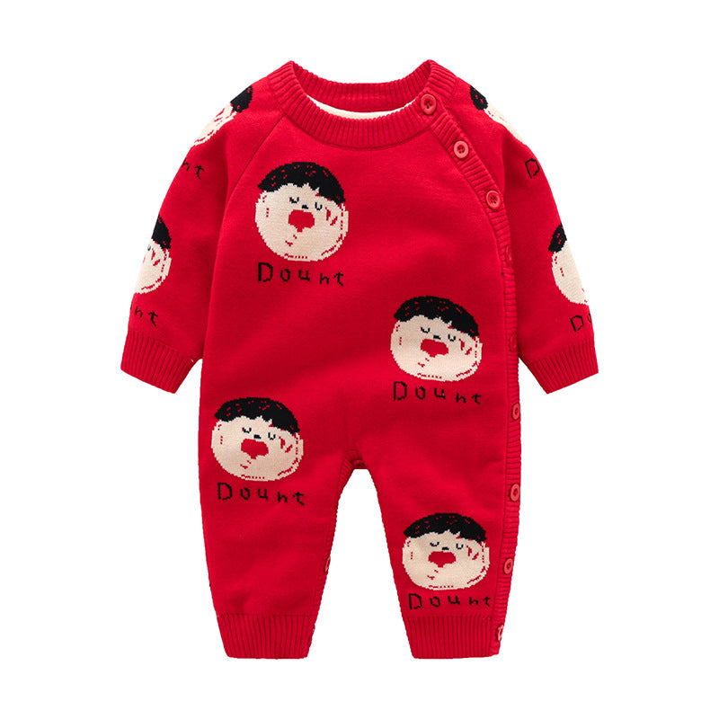 Red knit newborn baby romper featuring a cute cartoon boy print, side-button closure, and ribbed cuffs.