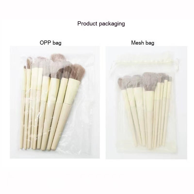 Makeup brush sets with beige handles and soft brown bristles, packaged in clear OPP or white mesh drawstring bags.