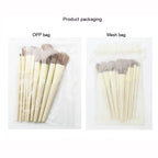 Makeup brush sets with beige handles and soft brown bristles, packaged in clear OPP or white mesh drawstring bags.