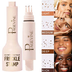 Light pink five-point freckle stamp pen with liquid applicator, shown with various skin tone results and model examples.
