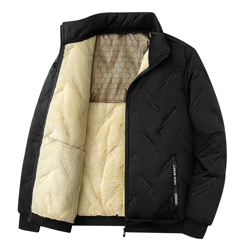 Black quilted men's winter jacket with beige fleece lining, stand-up collar, and a textured geometric pattern.