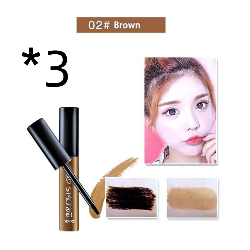 Three brown eyebrow tattoo tint tubes with swatches and a model demonstrating the product’s results.
