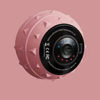 Pink, spiky, rechargeable vibration massage ball with a black control panel, LED lights, and USB port.