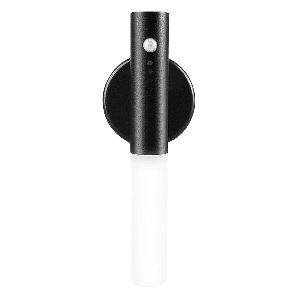 Black magnetic motion sensor LED wall light with a frosted white cylindrical shade on a circular mounting base.