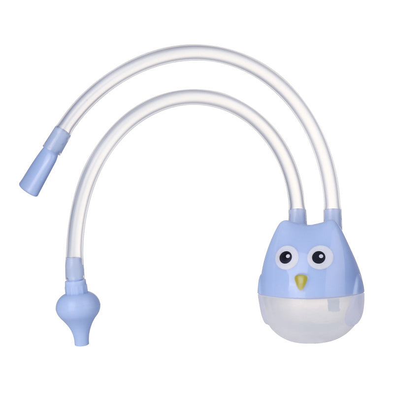 Blue owl-shaped baby nasal aspirator with clear silicone tubes and suction tip on a white background.