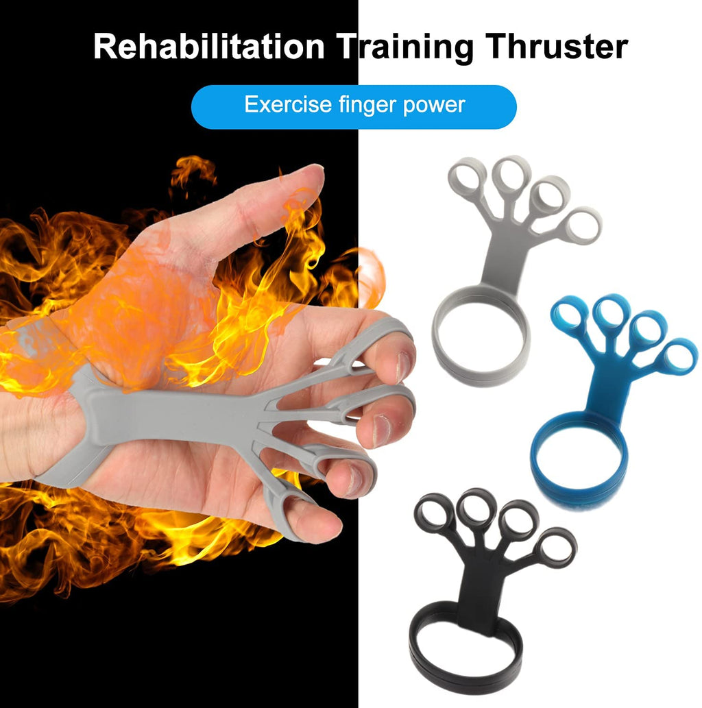 Three silicone finger exercisers in grey, blue, and black, shown on a hand and separately for rehabilitation training.