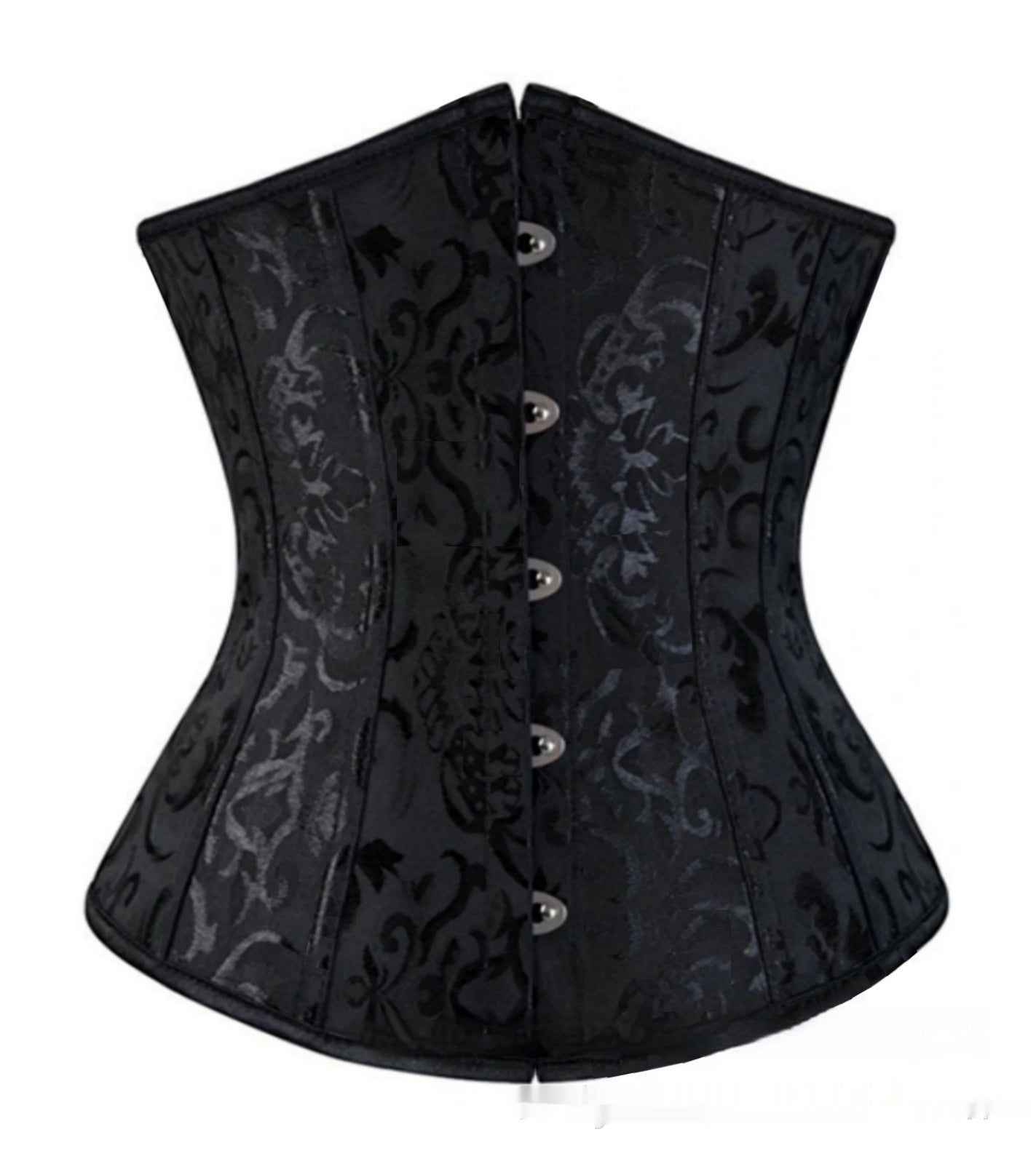 Black jacquard corset featuring a floral pattern and a front silver-tone hook-and-eye closure.