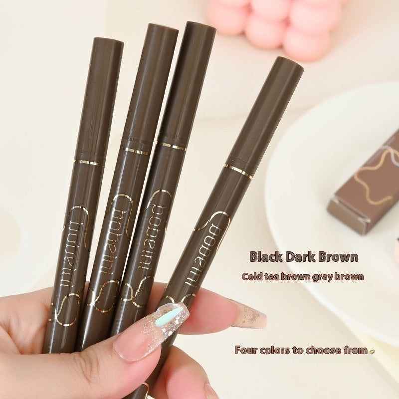 Hand holding four slim brown eyeliner pens with gold lettering, featuring long-lasting, smear-proof, fine tips.