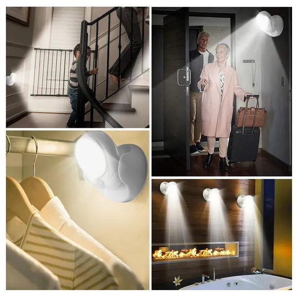 White, wireless LED motion-sensor spotlights mounted in a closet, hallway, and bathroom providing bright illumination.