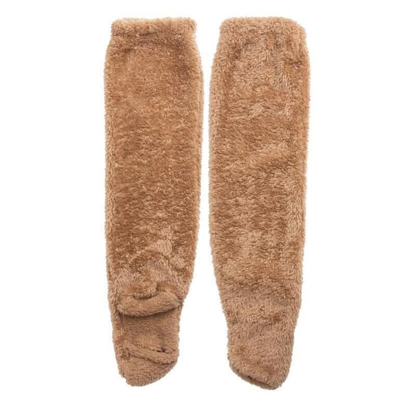 A pair of plush, tan fuzzy leg warmers made from soft, shaggy fabric against a white background.