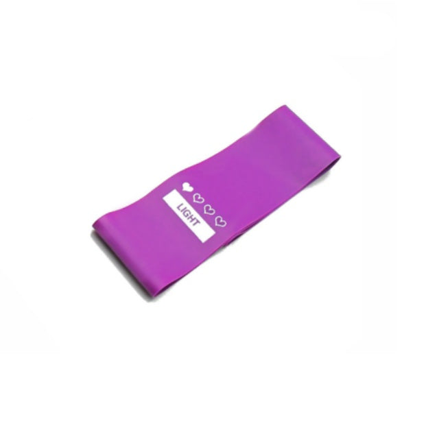 Purple rubber resistance band labeled "LIGHT" with three heart icons, set against a plain white background.