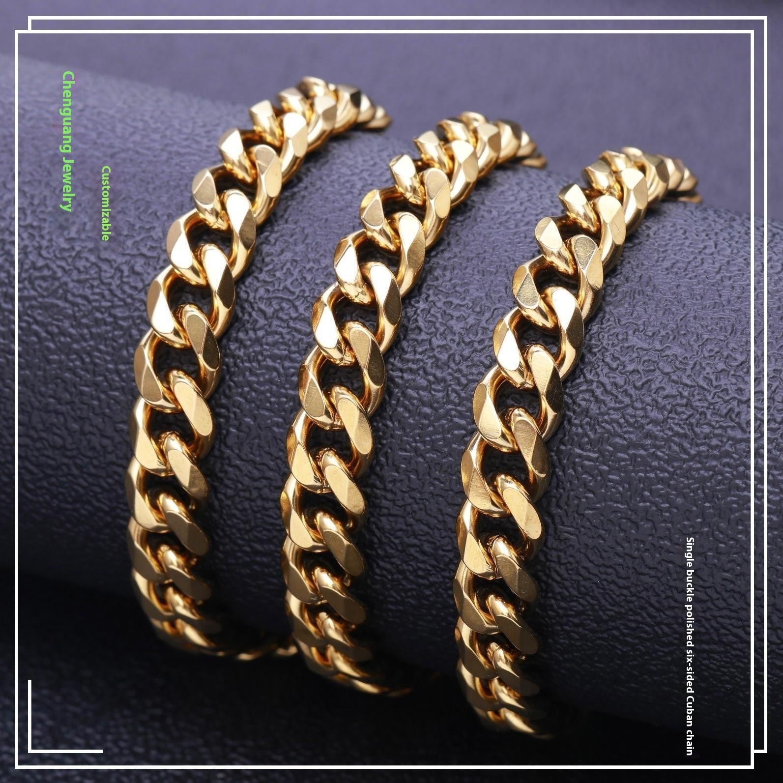 Gold-tone polished Cuban link chains displayed on a textured dark surface, featuring a classic hip hop style design.
