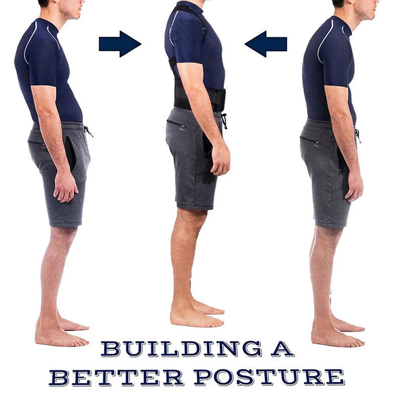 Man wearing black Kyphotone back posture corrector straps, comparing slumped posture with upright spinal alignment.