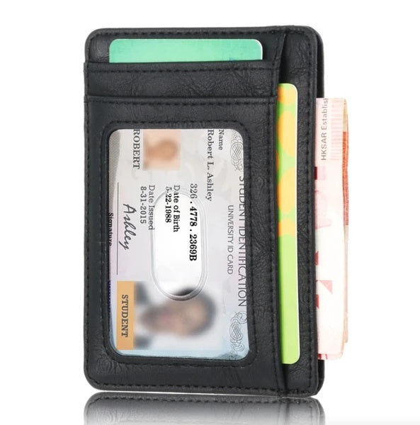 Slim black PU leather RFID-blocking wallet with ID window, multiple card slots, and space for cash.