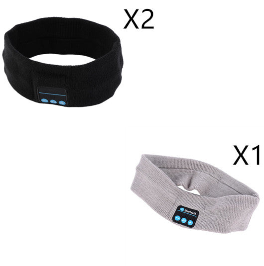 Two black and one grey fabric Bluetooth sports music headbands with integrated control buttons on the front.