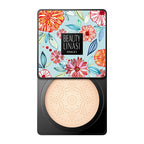 Open air cushion foundation compact with floral patterned lid, Beauty Linasi logo, and perforated beige makeup sponge.
